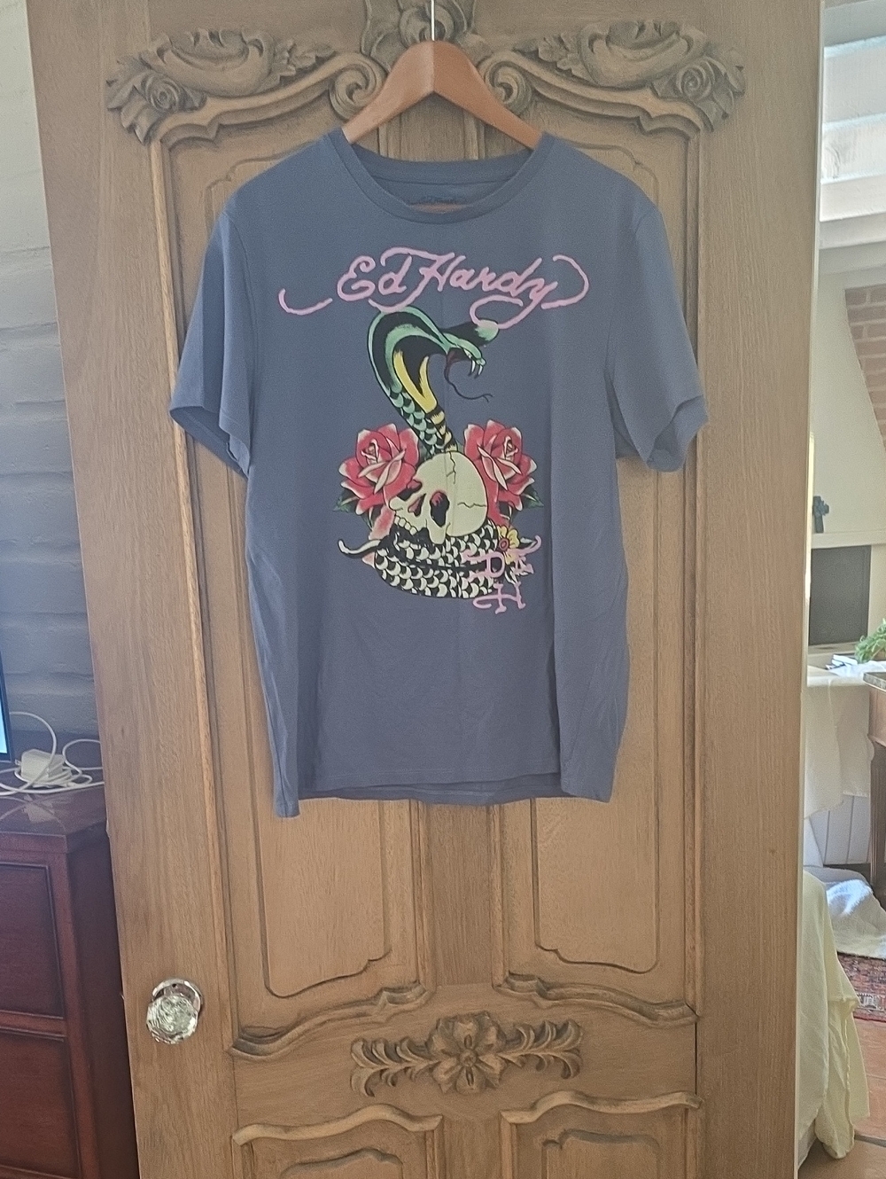 Ed Hardy Blue Short Sleeve Tee with Snake, Skull & Roses Size L